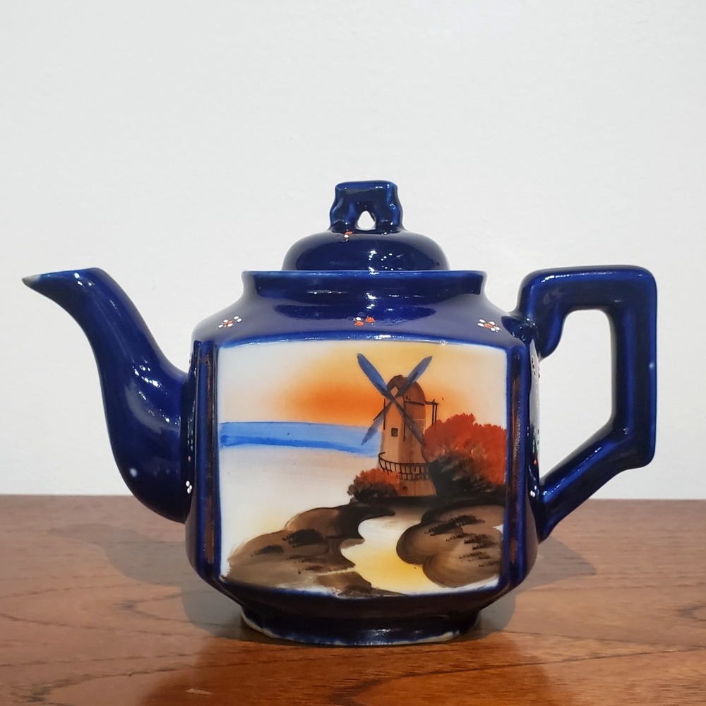 Vintage Hand Painted landscape windmill sunset sunrise, Teapot, MCM,‎ Japan